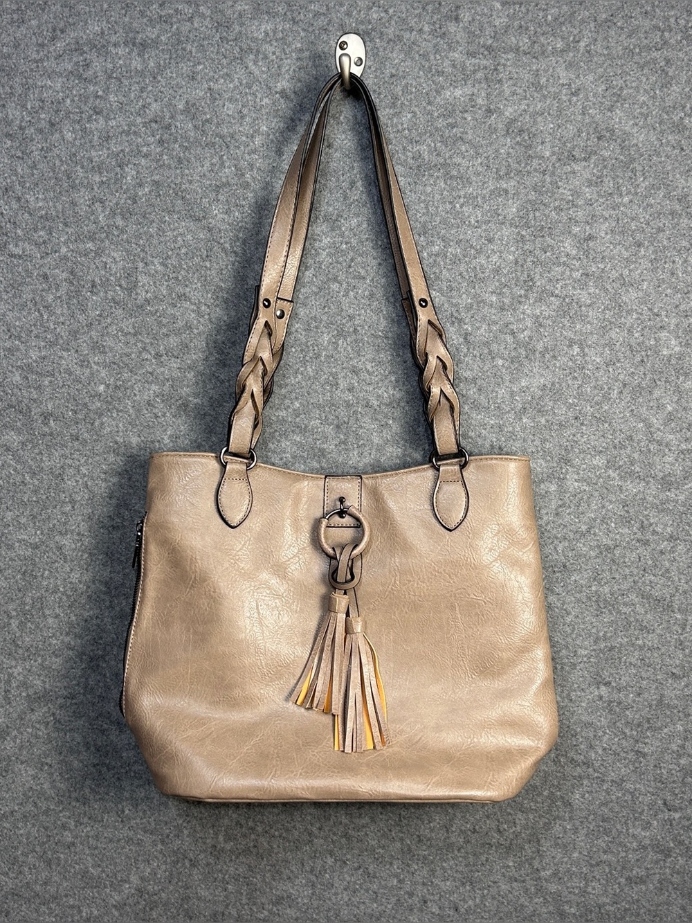 Sam & Hadley Taupe Vegan Leather Hobo Bag Purse Tassel Braided Western BohoChic